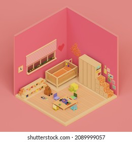 3d rendered isometric voxel baby room with toys and cradle pixel style room concept illustration.