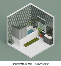 3d rendered isometric voxel bathroom with towels, bathtub and sink pixel style room concept illustration.