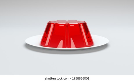 A 3D rendered jello mold on a plate over a white background.