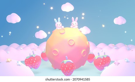 3d Rendered Kawaii Bunnies Lying On The Moon Surrounded By Fresh Strawberries. Good Night And Sleep Tight Lullaby Theme.