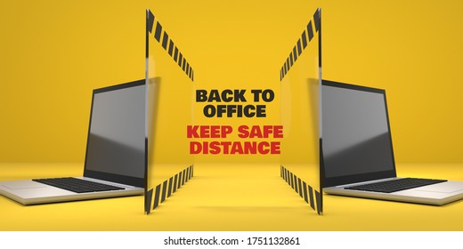 3d Rendered Laptops With Safety Zone Between Them Saying Keep Safe Distance, Conceptual Image, Social Distancing At Workplace, Yellow Background