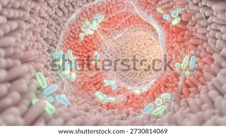 3D rendered medical visualization of probiotic therapy in human intestine. Glowing cyan and green beneficial bacteria surrounded by iridescent protective bubble membrane among intestinal villi. Scientific illustration of gut microbiome restoration and intestinal barrier protection. Probiotic supplement and digestive health concept.
