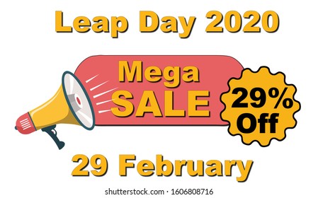 A 3D Rendered Mega SALE Banner For Leap Day 2020 With Megaphone On One Side And A Seal With 29% Off On The Other Side.