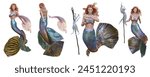 3D rendered mermaid in different poses, isolated on a white background. Each pose is a high resolution image. 