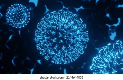 3D Rendered Microscopic COVID19 Virus. Omicron Variant. Coronavirus Mutation. Global Health Crisis.