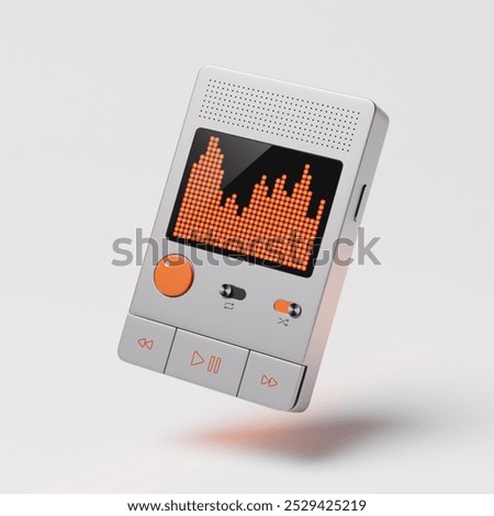 3D rendered mock-up of a concept of a digital music player featuring an interactive orange equalizer display. The device has a minimalistic design with a clean interface, control buttons.