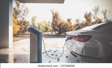 3d Rendered Modern Electric Vehicle Charging At Home Concept