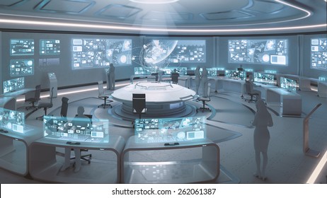 3D Rendered Modern, Futuristic Command Center Interior  With People Silhouettes