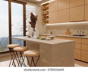 3D rendered modern kitchen interior with warm sunlight streaming through the window. Minimalist design, cozy atmosphere, and realistic lighting create a peaceful home feeling.