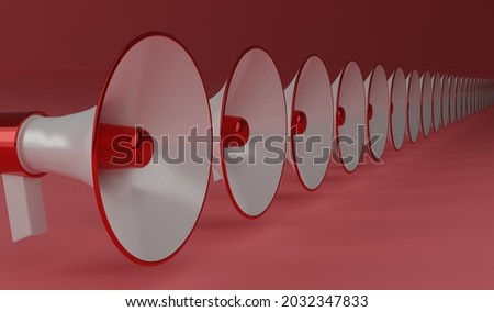 3d rendered multiple red megaphones in line with shadow over a red backround