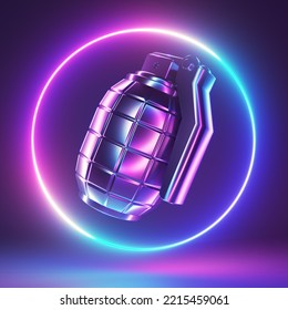 3d Rendered Neon Light Illustration Of A Chrome Grenade