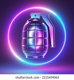 3d Rendered Neon Light Illustration Of A Chrome Grenade