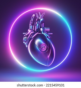 3d Rendered Neon Light Illustration Of A Chrome Heart