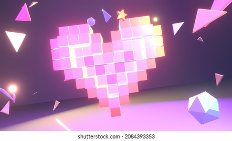 3d Rendered Neon Voxel Heart And Various Geometric Objects.