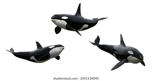 Orca ballena en 3D en diferentes poses aisladas sobre un fondo blanco. Cada pose es una Imagen de alta resolución.
