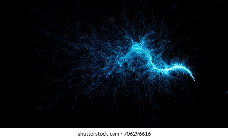 3d Rendered Particle Trail Background. Abstract Detailed Particles Structure. Particles Are Emitted From A Point That Forms Wave Trajectory.