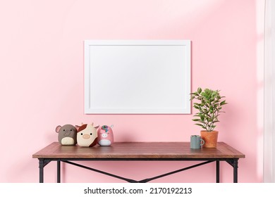 3d Rendered Picture Frame Mockup With Stuffed Toy Animal.