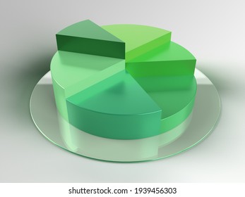 3D Rendered Piechart With Green Parts On A Glass Podium. Illustration Of Percentage Allocation On Different Levels. 3D Render Of An Inforgraphic. 