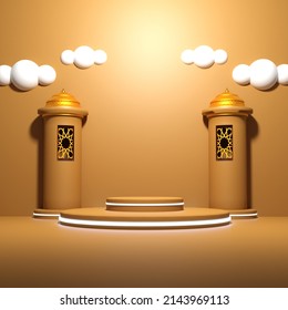 3d Rendered Podium Islamic Ramadan Background With Golden Black Mosque And Drum Illustration