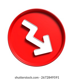 A 3d rendered red button with a downward and zig-zagging white arrow, isolated on a white background.