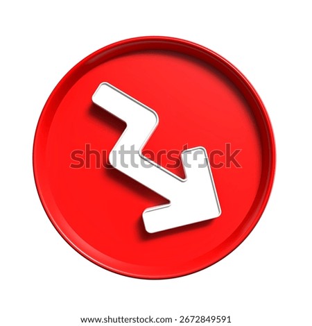 A 3d rendered red button with a downward and zig-zagging white arrow, isolated on a white background.