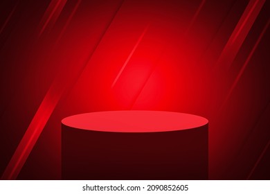 3D Rendered Red Stage Empty Space with Abstract Background. Modern Advertising Space backdrop