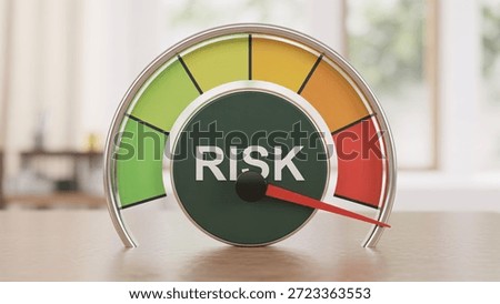 A 3D rendered risk meter with a needle pointing to the red, high-risk zone on a wooden table, symbolizing danger, uncertainty, or critical assessment.