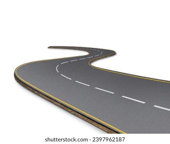 3D rendered road isolated with lines, isolated on abstract or background. Realistic 3D road, car background isolated. 3D illustration highway road design. Curved Road with lines isolated on white.