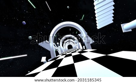 3d rendered sci-fi outer space corridor with floating stairs and columns.