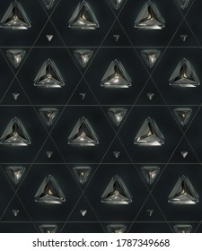 3D rendered seamless pattern of metallic pyramids on a dark background with reflections on a shiny surface