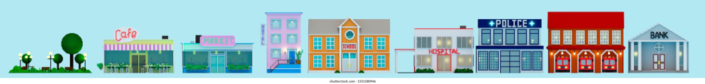 3d Rendered Set Of Buildings On Isolated Background, Park, Shop, Cafe, Hospital, Fire Station, Hotel, School, City Environment