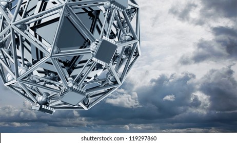 3D rendered silver glossy core molecules structure sky background High resolution