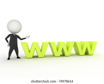 a 3d rendered small guy with www text