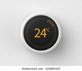 3d Rendered Smart Thermostat Showing The Temperature In Celsius Mounted On A White Wall.