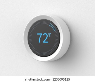 3d Rendered Smart Thermostat Showing The Temperature In Fahrenheit Mounted On A White Wall.