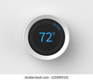 3d Rendered Smart Thermostat Showing The Temperature In Fahrenheit Mounted On A White Wall.