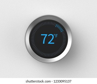 3d Rendered Smart Thermostat Showing The Temperature In Fahrenheit Mounted On A White Wall.