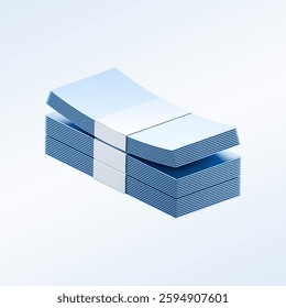  3D rendered stack of money bundles in a glossy blue and white design, floating against a light gradient background. The design symbolizes wealth, finance, and financial success.