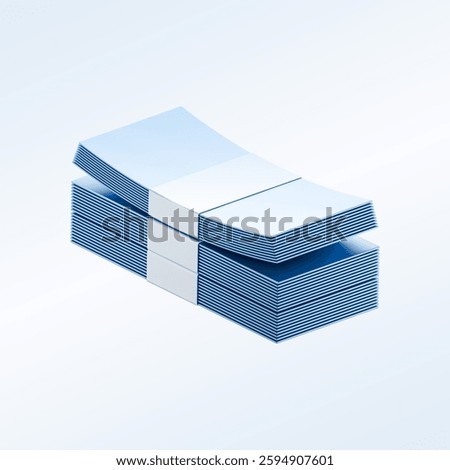  3D rendered stack of money bundles in a glossy blue and white design, floating against a light gradient background. The design symbolizes wealth, finance, and financial success.