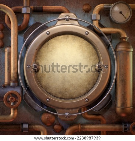 3d rendered steampunk background with blank round plaque