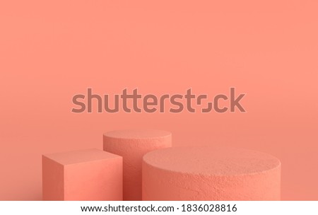 3d rendered studio with geometric shapes, podium on the floor. Platforms for product presentation, mock up background. Abstract composition in minimal design, pastel and gold colors