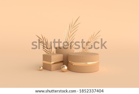 3d rendered studio with geometric shapes, podium on the floor. Platforms for product presentation, mock up background. Abstract composition in minimal design, tropic palm leaves