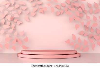 3d rendered studio with spring branches and leaves and podium. Platforms for product presentation, mock up background. Abstract composition in minimal design
