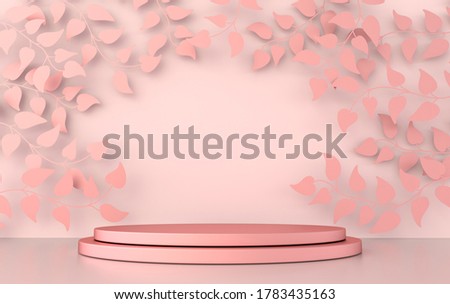 3d rendered studio with spring branches and leaves and podium. Platforms for product presentation, mock up background. Abstract composition in minimal design