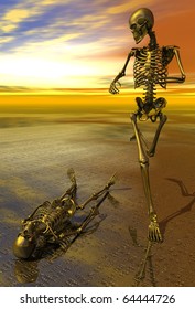 3D Rendered Surreal Skeleton Jogging Past Prone Skeleton With Sunset.  Symbolizes Perserverance, Strength, Power, Health And Endurance.