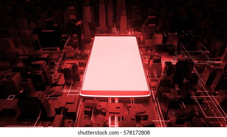 3d rendered technology background. Giant cellphone is in the center of city. Mobile phone generating a lot of energy waves. Interrelation of digital and modern life concept.
