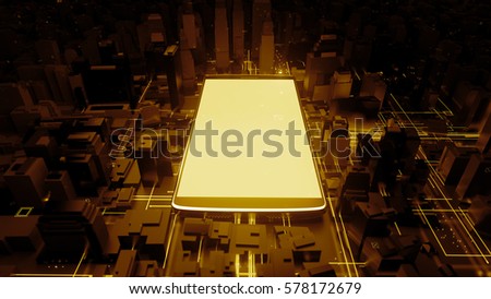 3d rendered technology background. Giant cellphone is in the center of city. Mobile phone generating a lot of energy waves. Interrelation of digital and modern life concept.