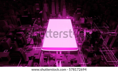 3d rendered technology background. Giant cellphone is in the center of city. Mobile phone generating a lot of energy waves. Interrelation of digital and modern life concept.