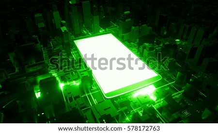 3d rendered technology background. Giant cellphone is in the center of city. Mobile phone generating a lot of energy waves. Interrelation of digital and modern life concept.