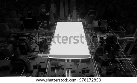 3d rendered technology background. Giant cellphone is in the center of city. Mobile phone generating a lot of energy waves. Interrelation of digital and modern life concept.